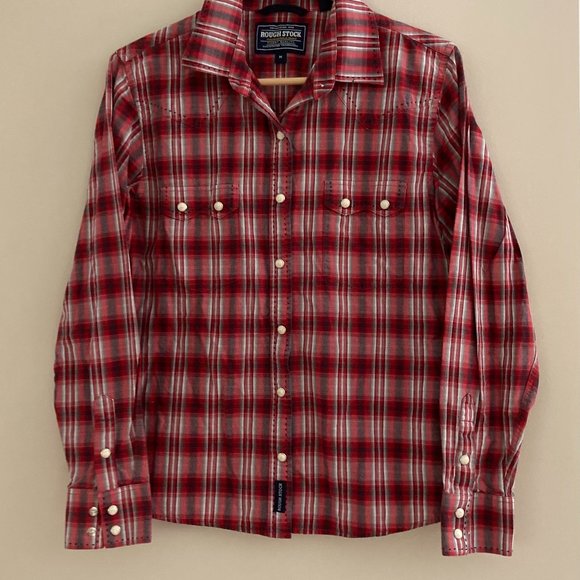 Red Plaid Rough Stock Western Shirt with Pearl Snap Buttons - Picture 1 of 6